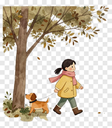 Girl Walking With Dog In Autumn PNG