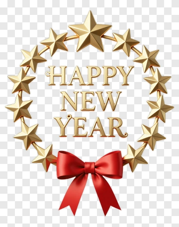 Happy New Year Wreath With Gold Stars And Red Ribbon PNG