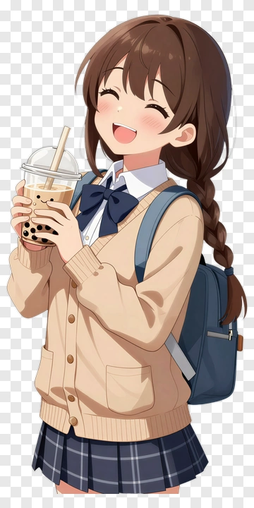 Happy Anime Girl Holding Bubble Tea PNG