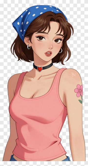 Young Woman With Bandana And Pink Top PNG
