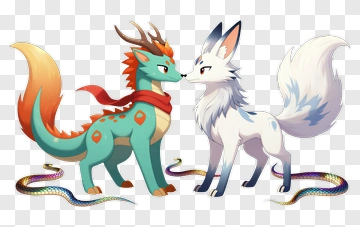 Teal Dragon And White Fox PNG