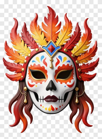 Sugar Skull Mask With Feather Headdress PNG