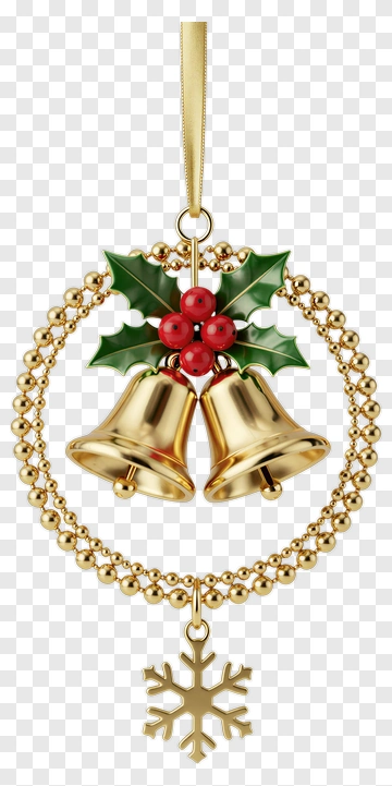 Gold Bells Christmas Ornament With Holly And Snowflake PNG