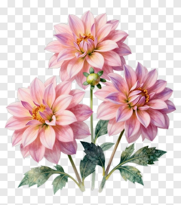 Pink Dahlia Blossoms With Green Leaves PNG