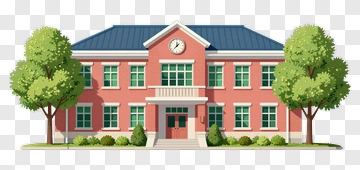 School Building With Clock And Trees PNG