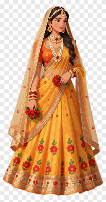 Woman In Traditional Sari With Flowers PNG