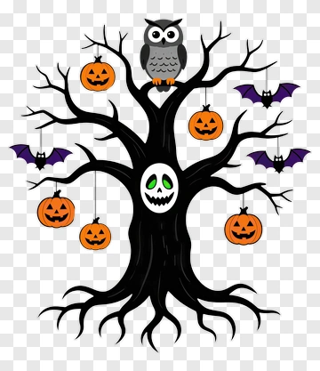 Halloween Tree With Owl And Pumpkins PNG