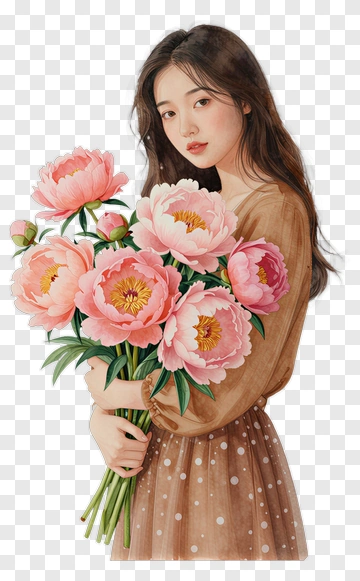 Woman Holding Peony Flowers PNG