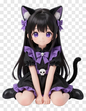 Anime Girl With Cat Ears And Skull Accents PNG