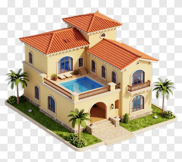 Yellow Villa With Pool And Palm Trees PNG