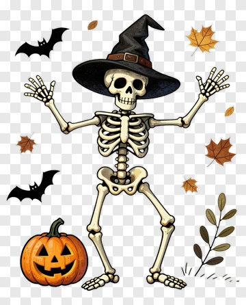 Happy Halloween Skeleton With Witch Hat PNG