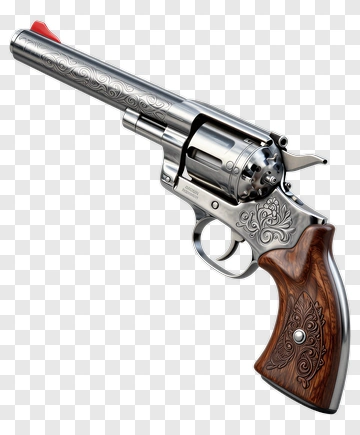 Ornate Revolver With Wooden Grip PNG