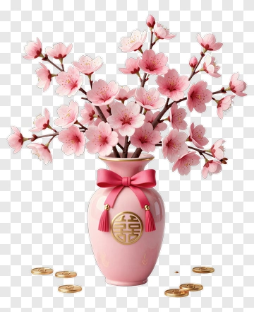 Pink Vase With Cherry Blossoms And Double Happiness PNG