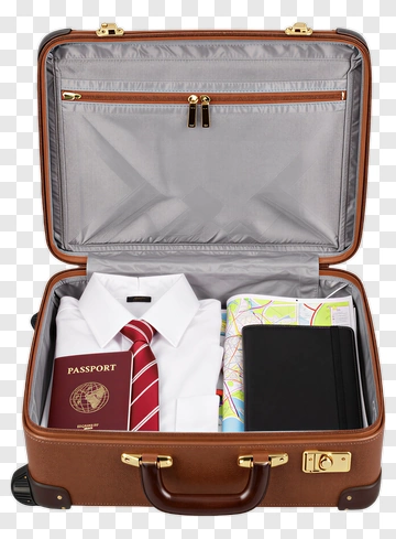 Open Brown Suitcase With Travel Essentials PNG