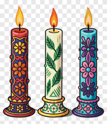 Three Decorative Candles With Flame PNG