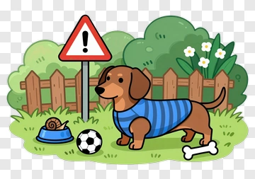 Dachshund With Warning Sign And Toys PNG