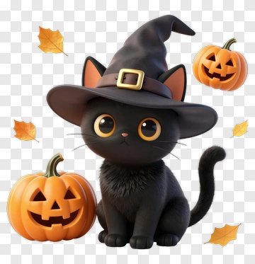 Cute Black Cat In Witch Hat PNG