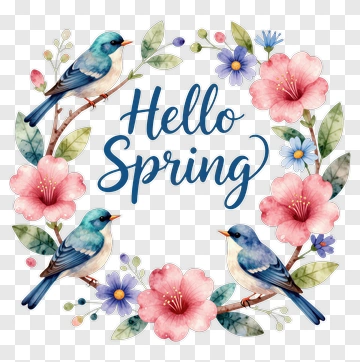 Hello Spring Floral Birds Design PNG