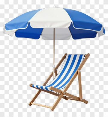 Blue And White Beach Chair With Umbrella PNG