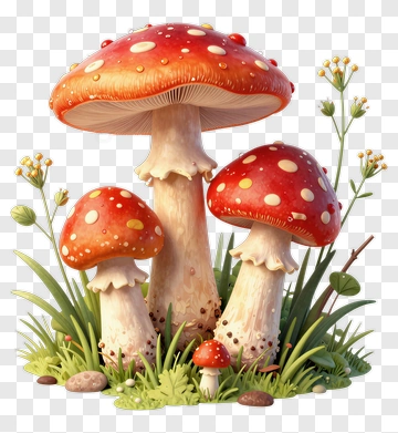 Red Fly Agaric Mushrooms In Meadow PNG