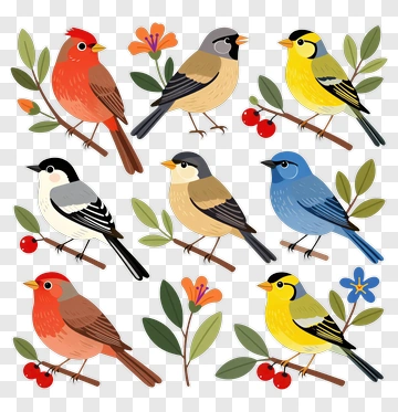 Collection Of Colorful Birds On Branches PNG