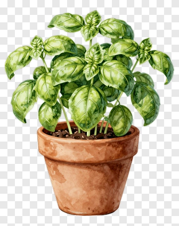 Fresh Basil Plant In Terracotta Pot PNG