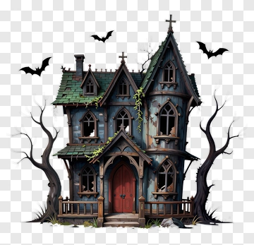 Haunted House With Bats And Bare Trees PNG