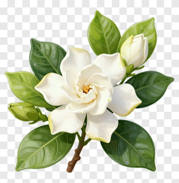 White Gardenia Flower With Green Leaves PNG