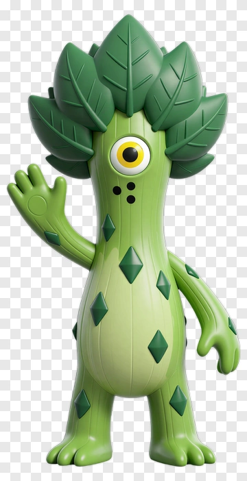 Friendly Green Plant Monster Waving PNG