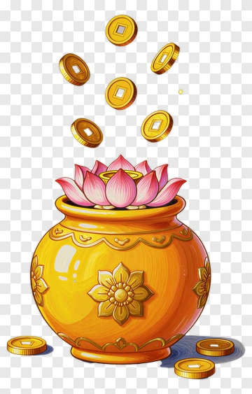 Lotus Pot Overflowing With Gold Coins PNG