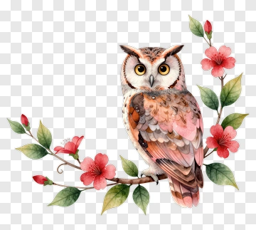Owl Perched On Flowering Branch PNG