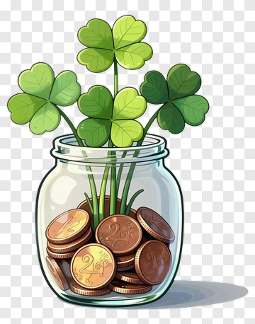 Four-leaf Clover Growing In Jar With Coins PNG