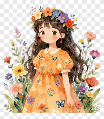 Girl In Floral Crown And Orange Dress PNG