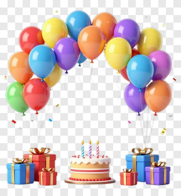 Birthday Cake With Balloons And Gifts PNG