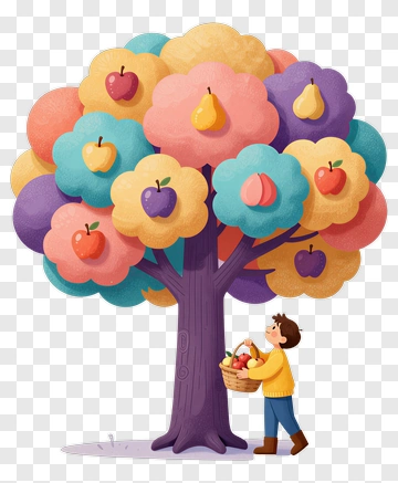 Child Picking Fruit From Colorful Tree PNG