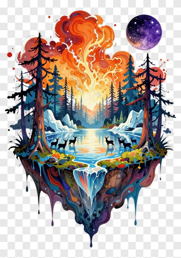 Floating Forest Lake With Deer PNG