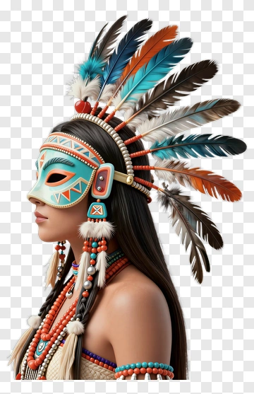Woman With Feather Headdress And Mask PNG