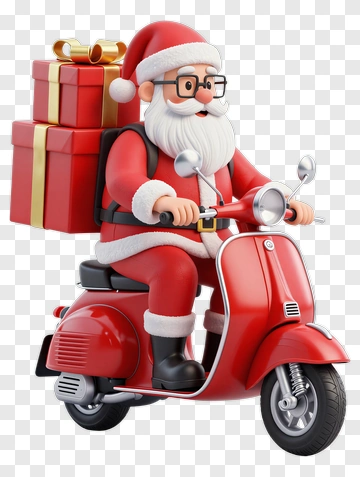 Santa Claus Riding Scooter With Gift Box PNG
