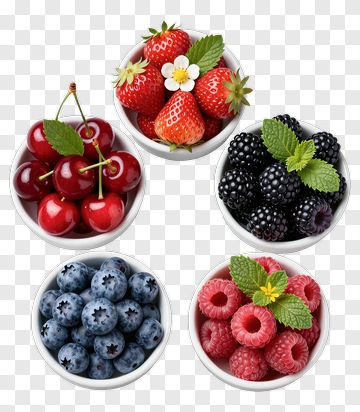 Fresh Berries In Bowls PNG