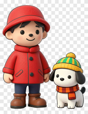 Boy And Dog In Winter Outfits PNG