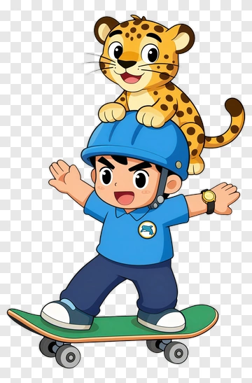 Boy With Leopard On Skateboard PNG