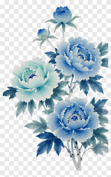 Blue Peony Flowers In Watercolor PNG