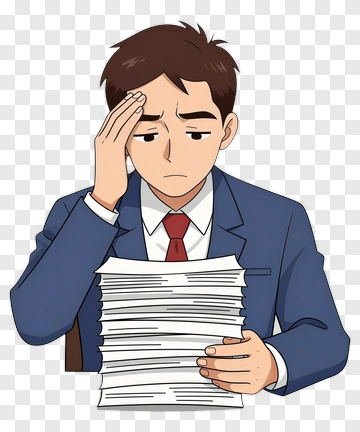 Stressed Businessman With Stack Of Papers PNG