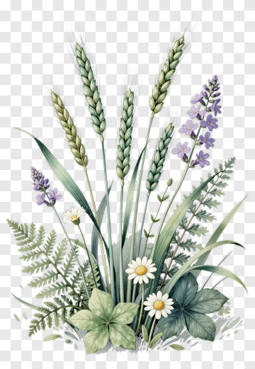 Botanical Arrangement Of Wheat Daisies And Ferns PNG