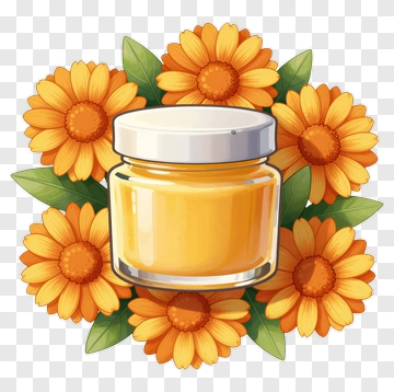 Honey Jar Surrounded By Calendula Flowers PNG