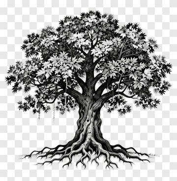 Hand-drawn Tree With Detailed Roots And Leaves PNG