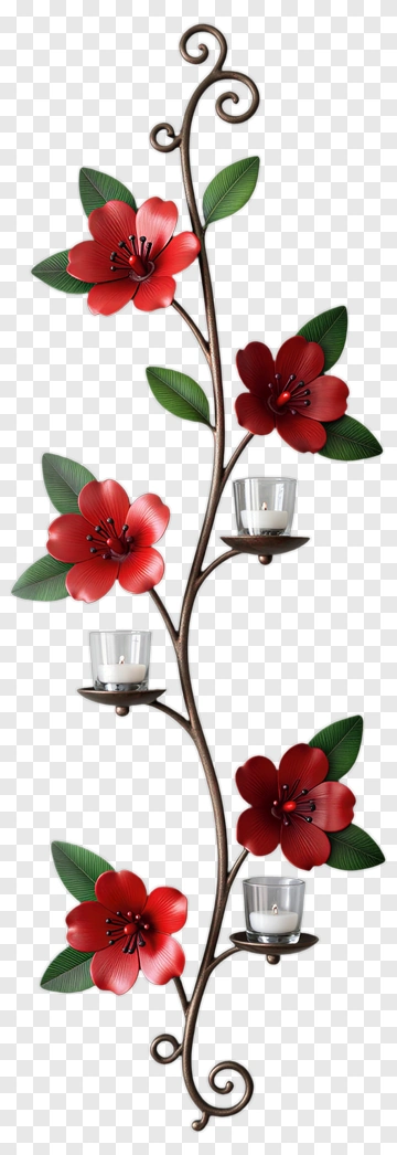 Metal Wall Decor With Red Flowers And Candle Holders PNG