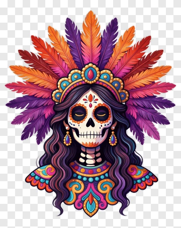 Sugar Skull Woman With Feather Headdress PNG
