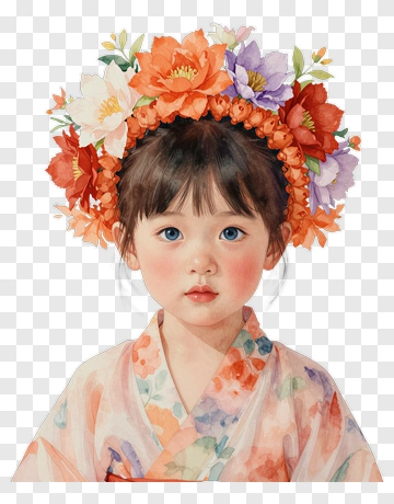 Girl With Flower Crown In Kimono PNG