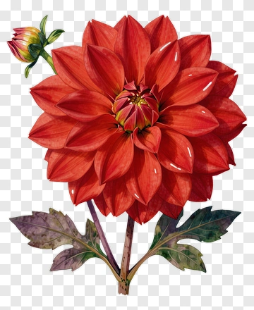 Red Dahlia With Bud And Leaves PNG